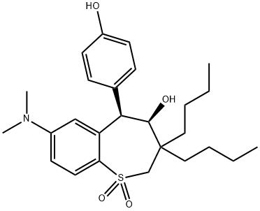 1-Benzothiepin-4-ol, 3,3-dibutyl-7-(dimethylamino)-2,3,4,5-tetrahydro-5-(4-hydroxyphenyl)-, 1,1-dioxide, (4R,5R)- Structure