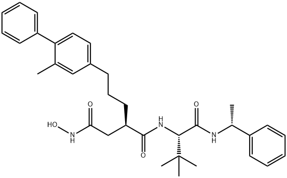N1-[(1S)-2,2-Dimethyl-1-[[[(1R)-1-phenylethyl]amino]carbonyl]propyl]-N4-hydroxy-2-[3-(2-methyl[1,1'-biphenyl]-4-yl)propyl]-butanediamine 구조식 이미지