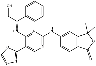 1(3H)-Isobenzofuranone, 5-[[4-[[(1S)-2-hydroxy-1-phenylethyl]amino]-5-(1,3,4-oxadiazol-2-yl)-2-pyrimidinyl]amino]-3,3-dimethyl- 구조식 이미지