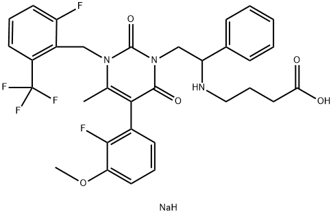 Butanoic acid, 4-[[2-[5-(2-fluoro-3-methoxyphenyl)-3-[[2-fluoro-6-(trifluoromethyl)phenyl]methyl]-3,6-dihydro-4-methyl-2,6-dioxo-1(2H)-pyrimidinyl]-1-phenylethyl]amino]-, sodium salt (1:1) Structure