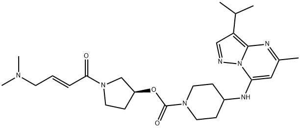 1-?Piperidinecarboxylic acid, 4-?[[5-?methyl-?3-?(1-?methylethyl)?pyrazolo[1,?5-?a]?pyrimidin-?7-?yl]?amino]?-?, (3S)?-?1-?[(2E)?-?4-?(dimethylamino)?-?1-?oxo-?2-?buten-?1-?yl]?-?3-?pyrrolidinyl ester Structure