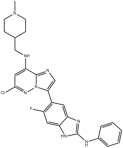 Imidazo[1,2-b]pyridazin-8-amine, 6-chloro-3-[6-fluoro-2-(phenylamino)-1H-benzimidazol-5-yl]-N-[(1-methyl-4-piperidinyl)methyl]- 구조식 이미지