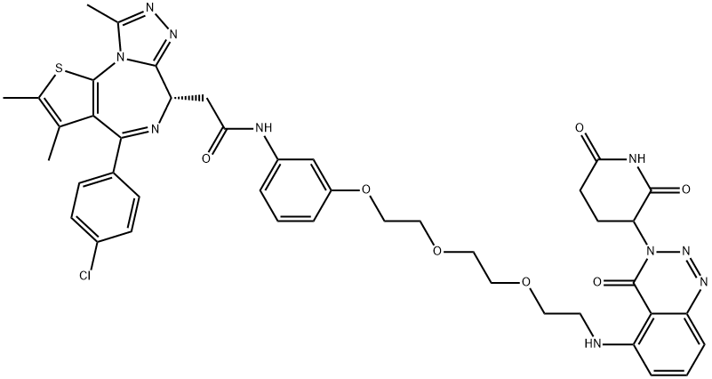 6H-Thieno[3,2-f][1,2,4]triazolo[4,3-a][1,4]diazepine-6-acetamide, 4-(4-chlorophenyl)-N-[3-[2-[2-[2-[[3-(2,6-dioxo-3-piperidinyl)-3,4-dihydro-4-oxo-1,2,3-benzotriazin-5-yl]amino]ethoxy]ethoxy]ethoxy]phenyl]-2,3,9-trimethyl-, (6S)- Structure