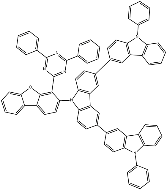 9'-(4-(4,6-diphenyl-1,3,5-triazin-2-yl)-dibenzo[b,d]furan-3-yl)-9,9''-diphenyl- 9H,9'H,9''H-3,3':6',3''-tercarbazole 구조식 이미지