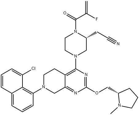 2-Piperazineacetonitrile, 4-[7-(8-chloro-1-naphthalenyl)-5,6,7,8-tetrahydro-2-[[(2S)-1-methyl-2-pyrrolidinyl]methoxy]pyrido[3,4-d]pyrimidin-4-yl]-1-(2-fluoro-1-oxo-2-propen-1-yl)-, (2R)- 구조식 이미지