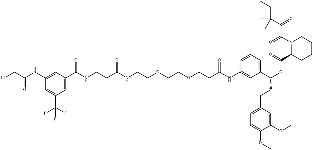 2-Piperidinecarboxylic acid, 1-(3,3-dimethyl-1,2-dioxopentyl)-, (1R)-1-[3-[[15-[3-[(2-chloroacetyl)amino]-5-(trifluoromethyl)phenyl]-1,11,15-trioxo-4,7-dioxa-10,14-diazapentadec-1-yl]amino]phenyl]-3-(3,4-dimethoxyphenyl)propyl ester, (2S)- Structure