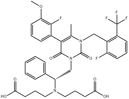 Butanoic acid, 4,4'-[[(1R)-2-[5-(2-fluoro-3-methoxyphenyl)-3-[[2-fluoro-6-(trifluoromethyl)phenyl]methyl]-3,6-dihydro-4-methyl-2,6-dioxo-1(2H)-pyrimidinyl]-1-phenylethyl]imino]bis- 구조식 이미지