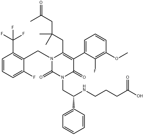 Butanoic acid, 4-[[(1R)-2-[4-(2,2-dimethyl-4-oxopentyl)-5-(2-fluoro-3-methoxyphenyl)-3-[[2-fluoro-6-(trifluoromethyl)phenyl]methyl]-3,6-dihydro-2,6-dioxo-1(2H)-pyrimidinyl]-1-phenylethyl]amino]- 구조식 이미지