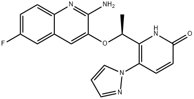 2(1H)-Pyridinone, 6-[(1S)-1-[(2-amino-6-fluoro-3-quinolinyl)oxy]ethyl]-5-(1H-pyrazol-1-yl)- Structure