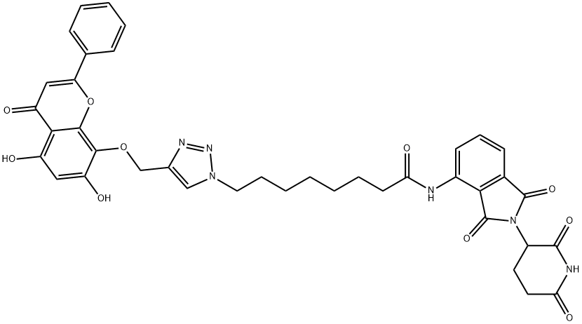 1H-1,2,3-Triazole-1-octanamide, 4-[[(5,7-dihydroxy-4-oxo-2-phenyl-4H-1-benzopyran-8-yl)oxy]methyl]-N-[2-(2,6-dioxo-3-piperidinyl)-2,3-dihydro-1,3-dioxo-1H-isoindol-4-yl]- Structure