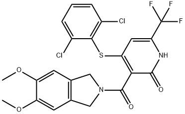 2(1H)-Pyridinone, 4-[(2,6-dichlorophenyl)thio]-3-[(1,3-dihydro-5,6-dimethoxy-2H-isoindol-2-yl)carbonyl]-6-(trifluoromethyl)- Structure