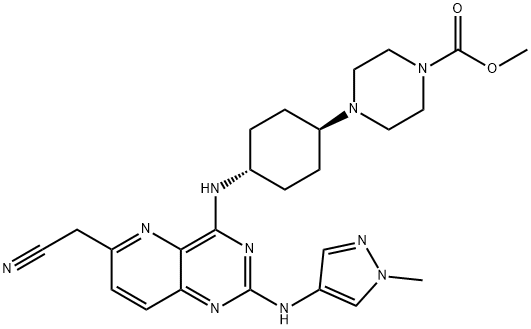 1-Piperazinecarboxylic acid, 4-[trans-4-[[6-(cyanomethyl)-2-[(1-methyl-1H-pyrazol-4-yl)amino]pyrido[3,2-d]pyrimidin-4-yl]amino]cyclohexyl]-, methyl ester Structure