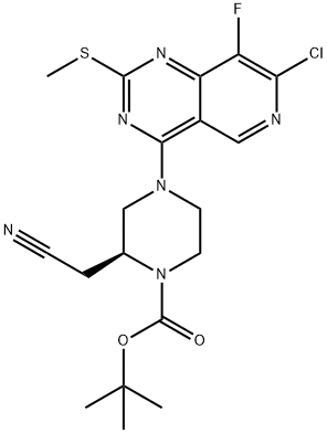 1-Piperazinecarboxylic acid, 4-[7-chloro-8-fluoro-2-(methylthio)pyrido[4,3-d]pyrimidin-4-yl]-2-(cyanomethyl)-, 1,1-dimethylethyl ester, (2S)- Structure