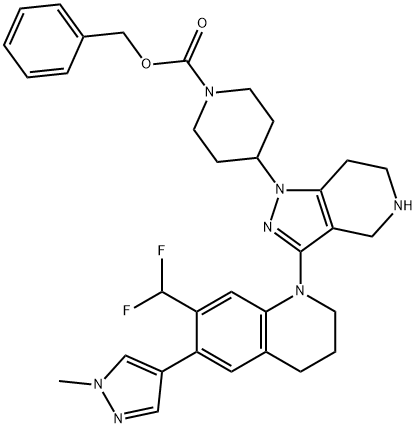 1-Piperidinecarboxylic acid, 4-[3-[7-(difluoromethyl)-3,4-dihydro-6-(1-methyl-1H-pyrazol-4-yl)-1(2H)-quinolinyl]-4,5,6,7-tetrahydro-1H-pyrazolo[4,3-c]pyridin-1-yl]-, phenylmethyl ester 구조식 이미지