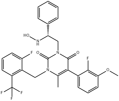 2,4(1H,3H)-Pyrimidinedione, 5-(2-fluoro-3-methoxyphenyl)-1-[[2-fluoro-6-(trifluoromethyl)phenyl]methyl]-3-[(2R)-2-(hydroxyamino)-2-phenylethyl]-6-methyl- Structure