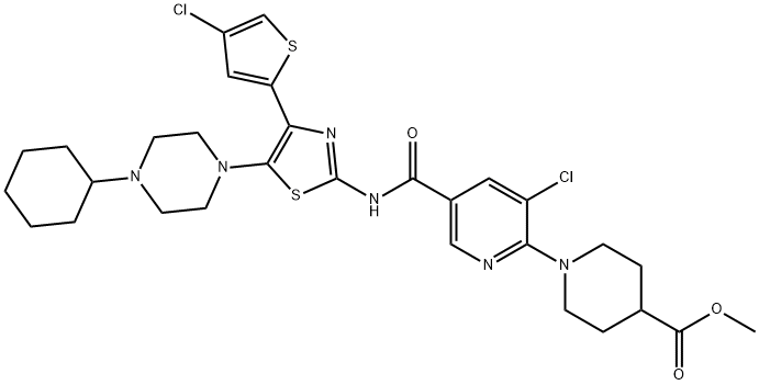 4-Piperidinecarboxylic acid, 1-[3-chloro-5-[[[4-(4-chloro-2-thienyl)-5-(4-cyclohexyl-1-piperazinyl)-2-thiazolyl]amino]carbonyl]-2-pyridinyl]-, methyl ester Structure