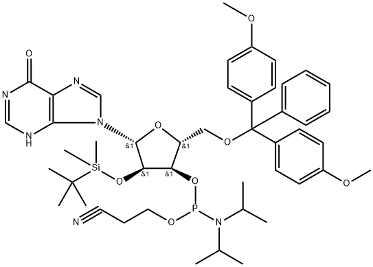 2'-O-(tert-butyldimethylsilyl)-5'-O (p,p'-dimethoxytrityl)inosine 3'-[(2-cyanoethyl)N,N-diisopropylaminophosphoramidite] Structure