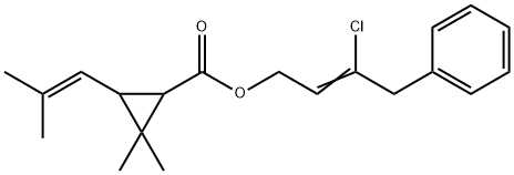 Cyclopropanecarboxylic acid, 2,2-dimethyl-3-(2-methyl-1-propen-1-yl)-, 3-chloro-4-phenyl-2-buten-1-yl ester 구조식 이미지
