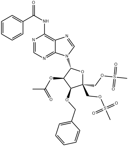 Adenosine, N-benzoyl-4'-C-[[(methylsulfonyl)oxy]methyl]-3'-O-(phenylmethyl)-, 2'-acetate 5'-methanesulfonate (9CI) Structure