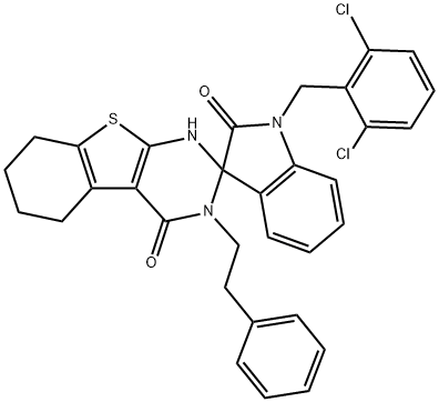 1'-[(2,6-dichlorophenyl)methyl]-3-(2-phenylethyl)spiro[5,6,7,8-tetrahydro-1H-[1]benzothiolo[2,3-d]pyrimidine-2,3'-indole]-2',4-dione 구조식 이미지