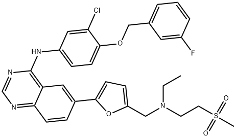 4-Quinazolinamine, N-[3-chloro-4-[(3-fluorophenyl)methoxy]phenyl]-6-[5-[[ethyl[2-(methylsulfonyl)ethyl]amino]methyl]-2-furanyl]- Structure