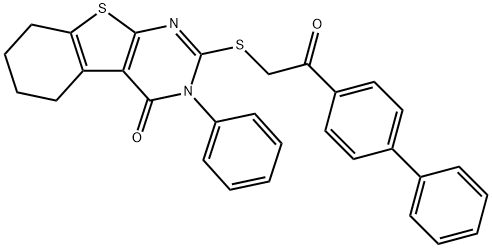 2-[2-oxo-2-(4-phenylphenyl)ethyl]sulfanyl-3-phenyl-5,6,7,8-tetrahydro-[1]benzothiolo[2,3-d]pyrimidin-4-one 구조식 이미지