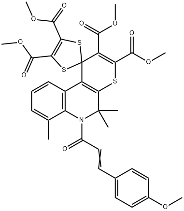 tetramethyl 6'-[(E)-3-(4-methoxyphenyl)prop-2-enoyl]-5',5',7'-trimethylspiro[1,3-dithiole-2,1'-thiopyrano[2,3-c]quinoline]-2',3',4,5-tetracarboxylate Structure