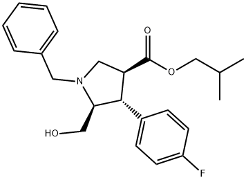 3-Pyrrolidinecarboxylic acid, 4-(4-fluorophenyl)-5-(hydroxymethyl)-1-(phenylmethyl)-, 1,1-dimethylethyl ester, (3R,4S,5R)-rel- Structure