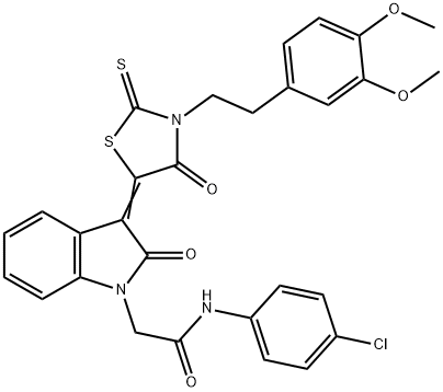 N-(4-chlorophenyl)-2-[(3Z)-3-[3-[2-(3,4-dimethoxyphenyl)ethyl]-4-oxo-2-sulfanylidene-1,3-thiazolidin-5-ylidene]-2-oxoindol-1-yl]acetamide 구조식 이미지