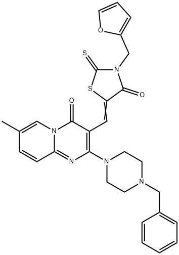 (5Z)-5-[[2-(4-benzylpiperazin-1-yl)-7-methyl-4-oxopyrido[1,2-a]pyrimidin-3-yl]methylidene]-3-(furan-2-ylmethyl)-2-sulfanylidene-1,3-thiazolidin-4-one Structure