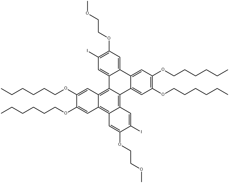 Dibenzo[g,p]chrysene, 2,3,10,11-tetrakis(hexyloxy)-6,14-diiodo-7,15-bis(2-methoxyethoxy)- Structure