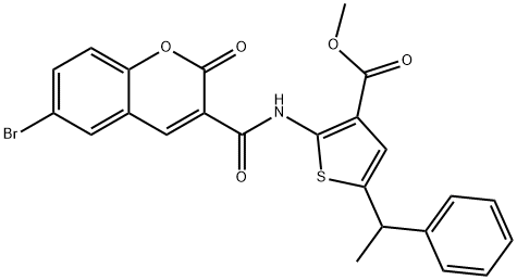 methyl 2-(6-bromo-2-oxo-2H-chromene-3-carboxamido)-5-(1-phenylethyl)thiophene-3-carboxylate 구조식 이미지