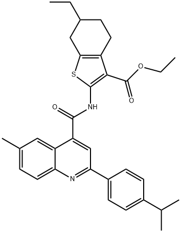 ethyl 6-ethyl-2-(2-(4-isopropylphenyl)-6-methylquinoline-4-carboxamido)-4,5,6,7-tetrahydrobenzo[b]thiophene-3-carboxylate 구조식 이미지