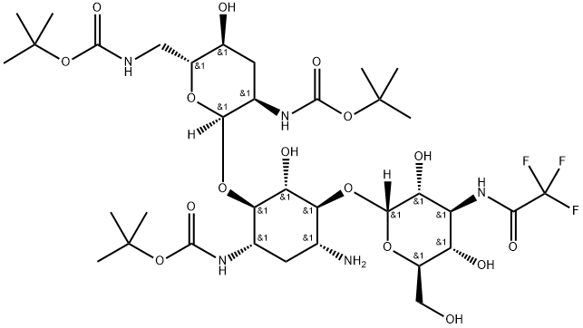 O-3-Deoxy-3-[(2,2,2-trifluoroacetyl)amino]-α-D-glucopyranosyl-(1→6)-O-[2,3,6-trideoxy-2,6-bis[[(1,1-dimethylethoxy)carbonyl]amino]-α-D-ribo-hexopyranosyl-(1→4)]-2-deoxy-N3-[(1,1-dimethylethoxy)carbonyl]-D-streptamine Structure
