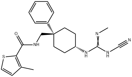 2-Thiophenecarboxamide, N-[[cis-4-[[(cyanoamino)(methylimino)methyl]amino]-1-phenylcyclohexyl]methyl]-3-methyl- Structure