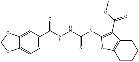 methyl 2-(2-(benzo[d][1,3]dioxole-5-carbonyl)hydrazinecarbothioamido)-4,5,6,7-tetrahydrobenzo[b]thiophene-3-carboxylate 구조식 이미지