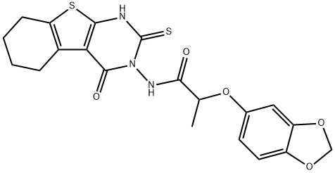 2-(1,3-benzodioxol-5-yloxy)-N-(4-oxo-2-sulfanylidene-5,6,7,8-tetrahydro-1H-[1]benzothiolo[2,3-d]pyrimidin-3-yl)propanamide 구조식 이미지