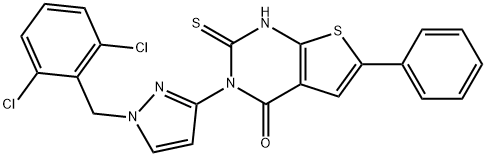 3-[1-[(2,6-dichlorophenyl)methyl]pyrazol-3-yl]-6-phenyl-2-sulfanylidene-1H-thieno[2,3-d]pyrimidin-4-one Structure