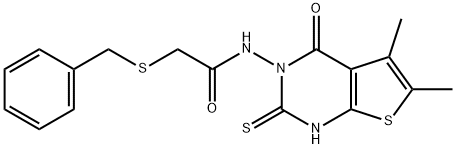 2-benzylsulfanyl-N-(5,6-dimethyl-4-oxo-2-sulfanylidene-1H-thieno[2,3-d]pyrimidin-3-yl)acetamide Structure