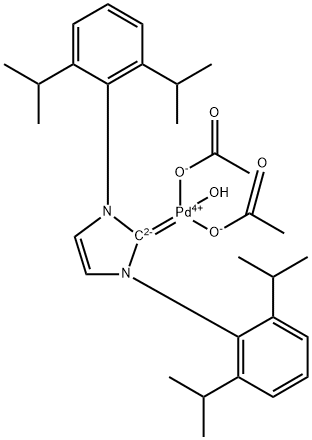 Palladium, bis(acetato-κO)aqua[1,3-bis[2,6-bis(1-methylethyl)phenyl]-1,3-dihydro-2H-imidazol-2-ylidene]-, (SP-4-1)- Structure