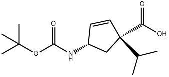 2-Cyclopentene-1-carboxylic acid, 4-[[(1,1-dimethylethoxy)carbonyl]amino]-1-(1-methylethyl)-, (1S,4S)- Structure