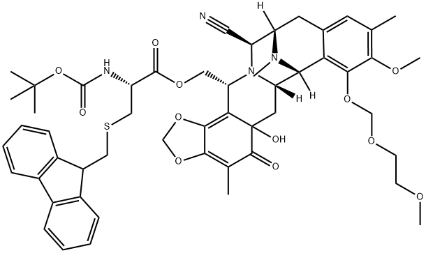 L-Cysteine, N-[(1,1-dimethylethoxy)carbonyl]-S-(9H-fluoren-9-ylmethyl)-, [(6aS,7R,13S,14R,16R)-14-cyano-5,5a,6,6a,7,13,14,16-octahydro-5a-hydroxy-9-methoxy-8-[(2-methoxyethoxy)methoxy]-4,10,17-trimethyl-5-oxo-7,13-imino-12H-1,3-dioxolo[7,8]isoquino[3,2-b][3]benzazocin-16-yl]methyl ester Structure