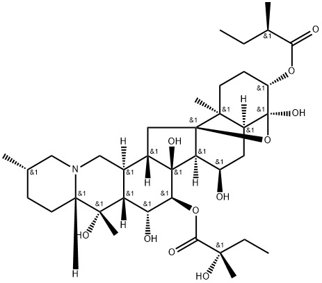 4α,9-Epoxycevane-3β,4β,7α,14,15α,16β,20-heptol 3-[(R)-2-methylbutanoate]15-[(S)-2-hydroxy-2-methylbutanoate] 구조식 이미지