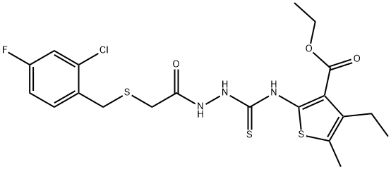 ethyl 2-(2-(2-((2-chloro-4-fluorobenzyl)thio)acetyl)hydrazinecarbothioamido)-4-ethyl-5-methylthiophene-3-carboxylate 구조식 이미지