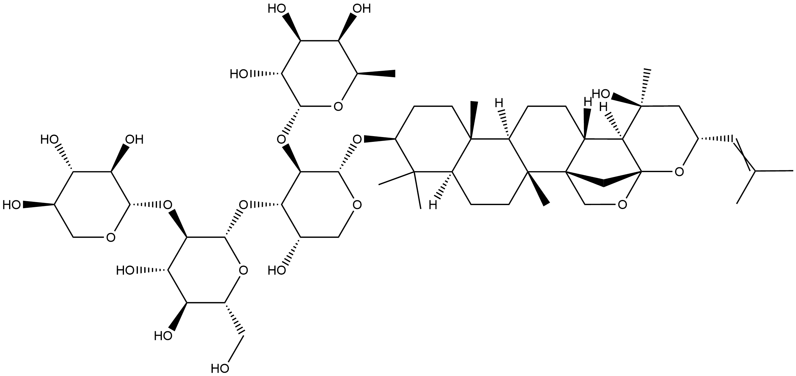 (3beta,16beta,23R)-16,23:16,30-Diepoxy-20-hydroxydammar-24-en-3-yl O-6-deoxy-alpha-D-galactopyranosyl-(1-2)-O-[O-beta-D-xylopyranosyl-(1-2)-beta-D-glucopyranosyl-(1-3)]-alpha-L-arabinopyranoside 구조식 이미지