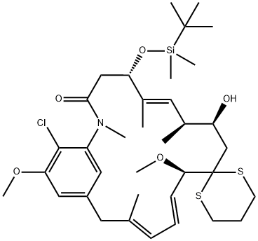Spiro[2-azabicyclo[16.3.1]docosa-1(22),6,13,15,18,20-hexaene-11,2'-[1,3]dithian]-3-one, 21-chloro-5-[[(1,1-dimethylethyl)dimethylsilyl]oxy]-9-hydroxy-12,20-dimethoxy-2,6,8,16-tetramethyl-, [5S-(5R*,6E,8R*,9R*,12S*,13E,15E)]- (9CI) Structure