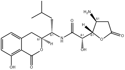 D-ribo-Hexonic acid, 3-amino-2,3,6-trideoxy-6-[[(1S)-1-[(3S)-3,4-dihydro-8-hydroxy-1-oxo-1H-2-benzopyran-3-yl]-3-methylbutyl]amino]-6-oxo-, γ-lactone Structure