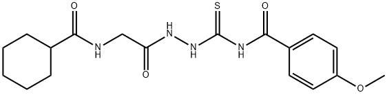 N-[(2-{[(cyclohexylcarbonyl)amino]acetyl}hydrazino)carbonothioyl]-4-methoxybenzamide (non-preferred name) Structure