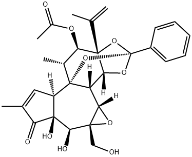 6H-2,8b-Epoxyoxireno[6,7]azuleno[5,4-e]-1,3-benzodioxol-6-one, 10-(acetyloxy)-3a,3b,3c,4a,5,5a,8a,9,10,10a-decahydro-5,5a-dihydroxy-4a-(hydroxymethyl)-7,9-dimethyl-10a-(1-methylethenyl)-2-phenyl-, (2S,3aR,3bS,3cS,4aR,5S,5aS,8aR,8bR,9R,10R,10aS)- 구조식 이미지