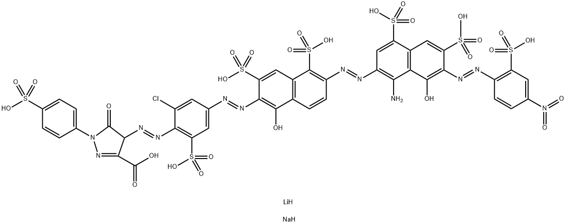 4-[[4-[[6-[[1-Amino-8-hydroxy-7-[(4-nitro-2-sulfophenyl)azo]-4,6-disulfo-2-naphthalenyl]azo]-1-hydroxy-3,5-disulfo-2-naphthalenyl]azo]-2-chloro-6-sulfophenyl]azo]-4,5-dihydro-5-oxo-1-(4-sulfophenyl)-1H-pyrazole-3-carboxylic acid, lithium sodium salt 구조식 이미지